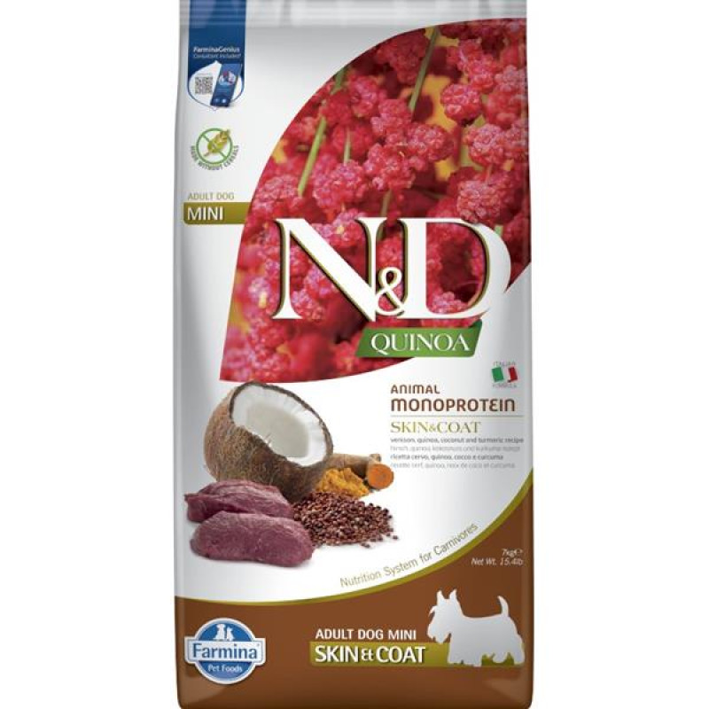 N&D QUINOA Dog GF Skin & Coat, Venison & Coconut Adult Mini 7 kg